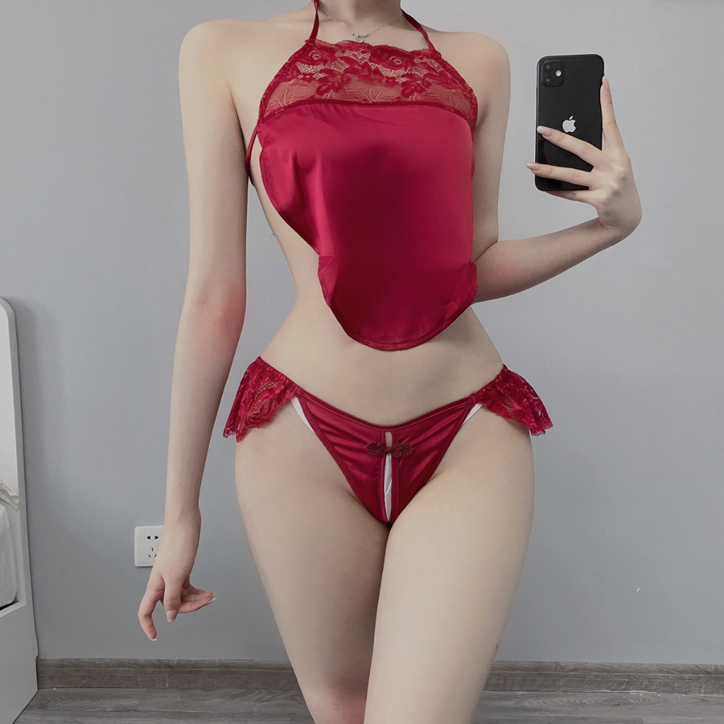 Bộ đồ ngủ lụa sexy A64 gồm áo yếm quyến rũ và quần chip xẻ khe siêu sexy