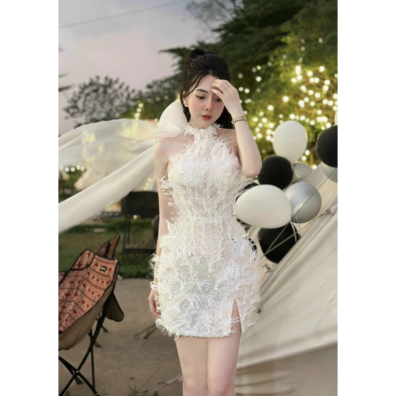 Đầm dự tiệc cổ yếm phối lông vũ cà nơ cổ siêu xinh