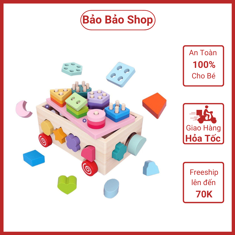 Xe thả hình khối bằng gỗ cho bé - Đồ chơi gỗ thông minh giúp bé phát triển trí não