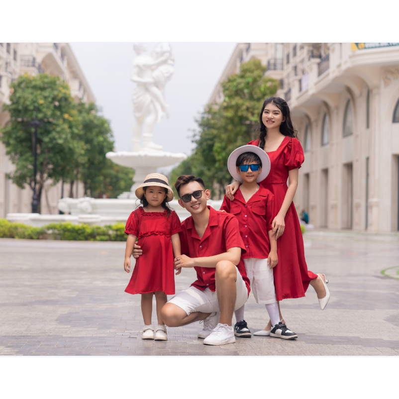 Set đồ đôi Gia Đình màu đỏ, thắt nơ sau, 2 lớp hàng thiết kế ( có ảnh thật)