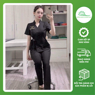 Đồng phục spa thắt nơ cổ tàu dáng trẻ trung, Đồng phục thẩm mỹ viện chất cotton lạnh cao cấp đủ size