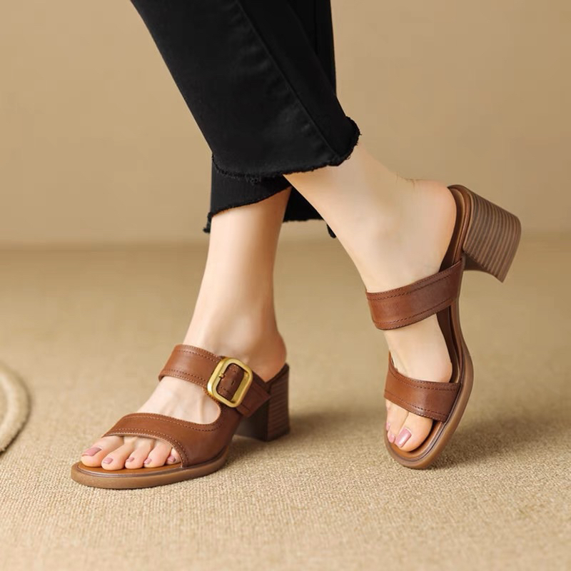 Guốc khuy khoá cạnh Gót vân gỗ 5 phân hàng quảng châu đẹp Giày cao gót Guốc quai da mềm đẹp