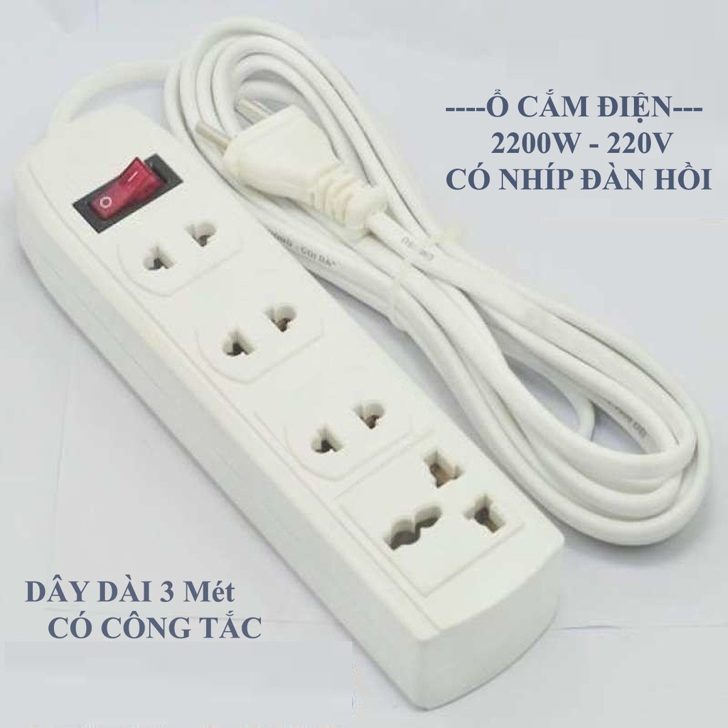 Ổ CẮM ĐIỆN DÂY DÀI 3M - 2200W - CÓ NHÍP ĐÀN HỒI - CÓ CÔNG TẮC