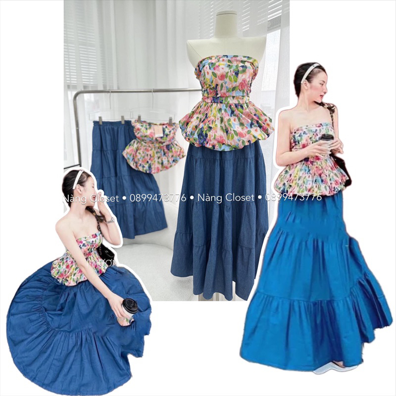 SET Áo ống hoa cúp ngực kèm Chân Váy midi jeans xòe NÀNG CLOSET