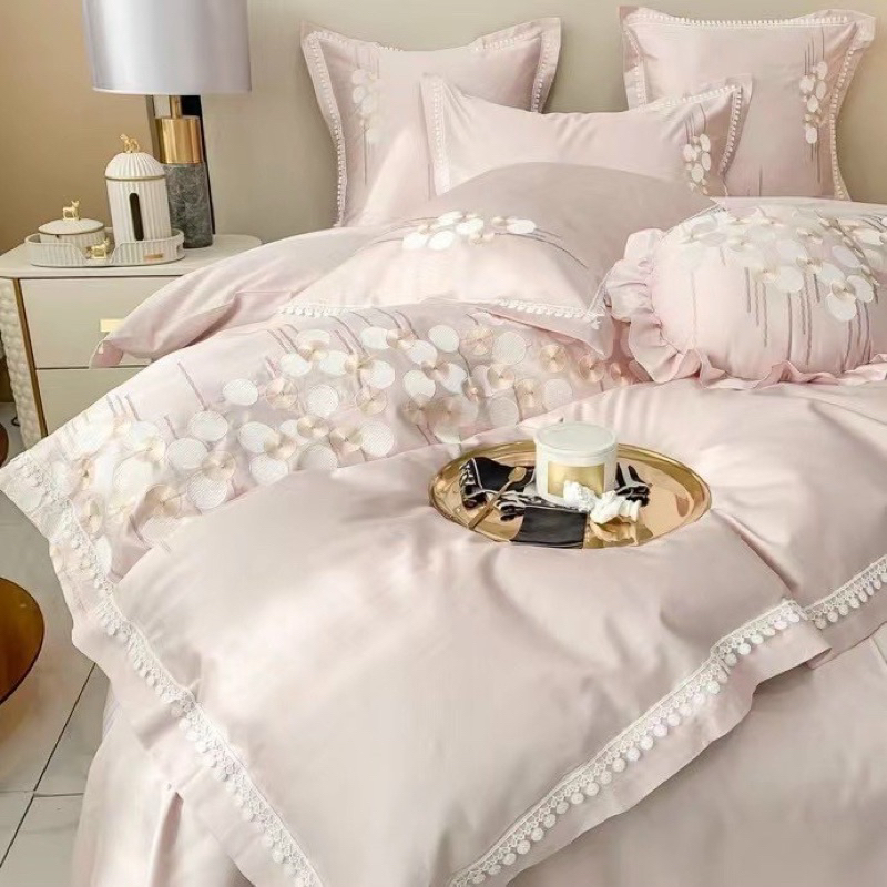Bộ 7 Món Ga Trải Giường Lụa 100S Cao Cấp Thêu Leon Màu Pastel
