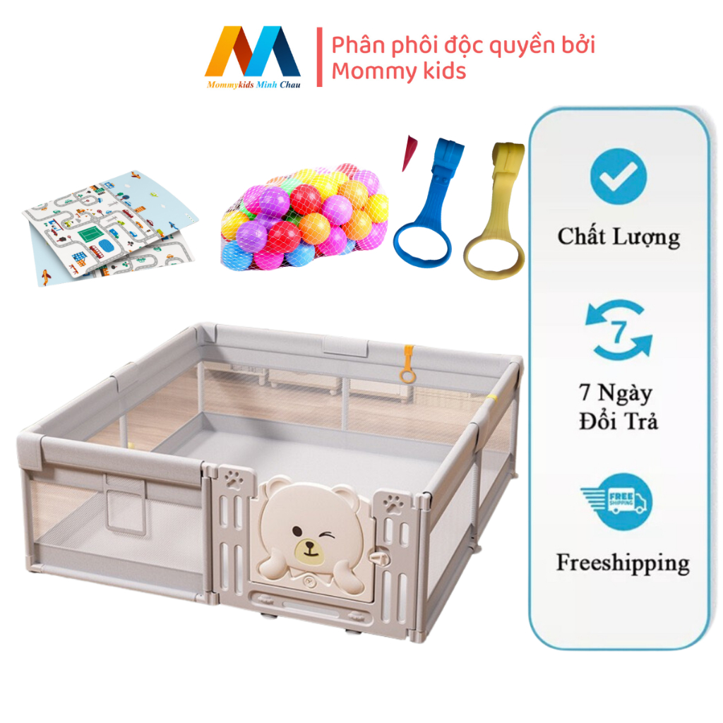 Quây Bóng Cho Bé MOMMYKIDS MINH CHAU Khung Inox, CỬA NHỰA CAO CẤP MẪU 2023  100 Bóng + 2 Vòng Đồ Chơi + 1 THẢM