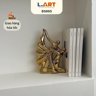 Tượng trang trí LART DS005 cặp đôi nhảy múa bằng gốm thủ công màu vàng mạ bóng trang trí trên kệ