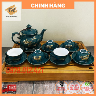 Bộ ấm chén bộ ấm trà Bát Tràng vẽ vàng cảnh Đồng Quê cao cấp pha trà ngon dung tích ấm 500ml