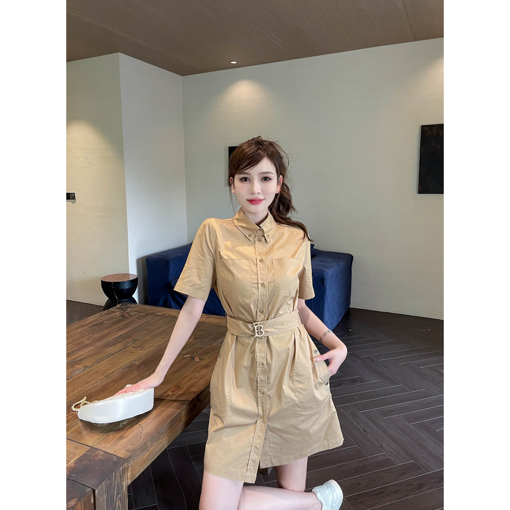 Váy sơ mi cotton ngắn tay Burberry BBR đơn sắc thanh lịch