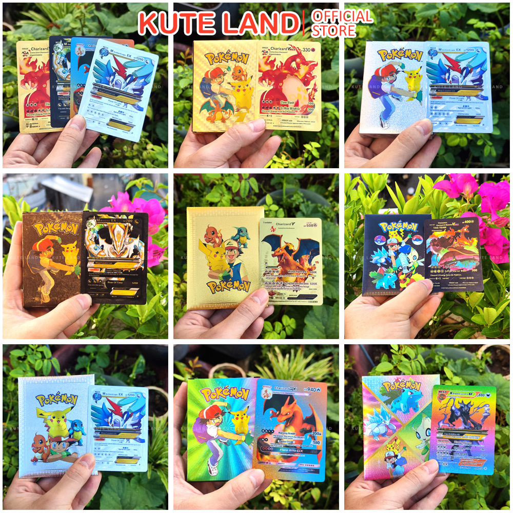 Bộ 10/55 thẻ bài Pokemon kim loại mạ vàng kim bạc đen chống nước chống bẻ cong Vmax GX chơi đối kháng BPK