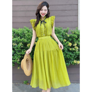 Set chân váy và áo tơ Crep màu xanh bơ tôn da siêu xinh