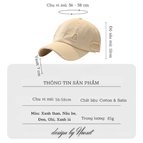Mũ lưỡi trai xước NOVSET phong cách Cổ Điển Retro Vintage Hàn Quốc siêu Hot mùa hè 2023