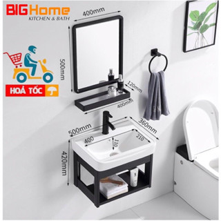 BỘ 4 MÓN TỦ NHÔM SƠN TĨNH ĐIỆN ĐEN + CHẬU LAVABO + KỆ GƯƠNG + GƯƠNG[ CÓ THỢ LẮP]