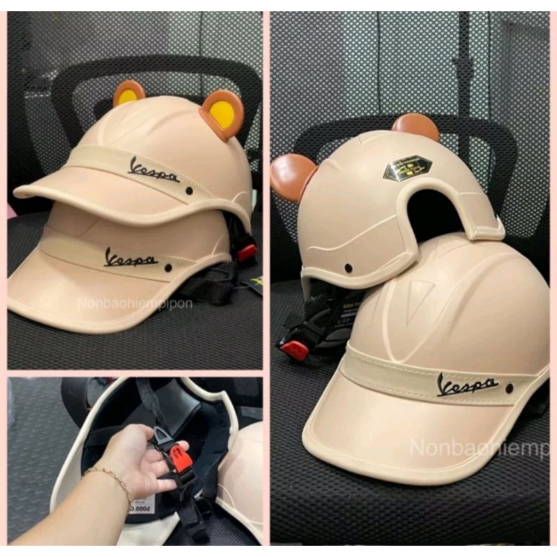 Mũ nón bảo hiểm lưỡi trai vespa màu sữa kèm tai gấu