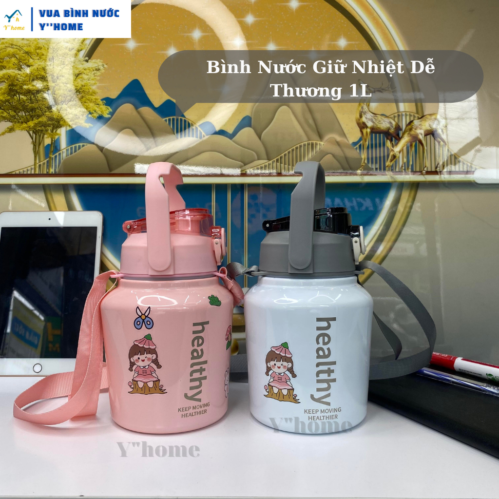 Bình nước giữ nhiệt 1L dễ thương dành cho nữ HEALTHY, Bình giữ nhiệt 2 lớp inox bền bỉ xinh xắn, 7 Ngày Đổi Trả! | BigBuy360 - bigbuy360.vn