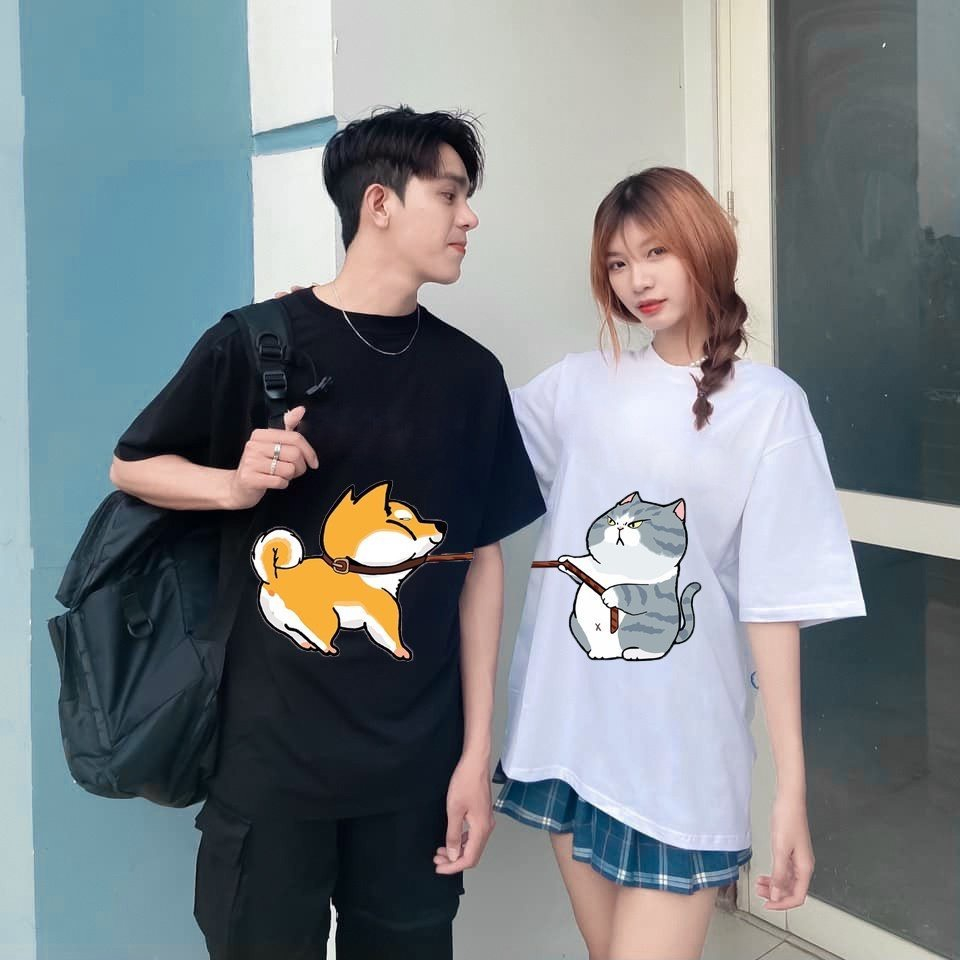 Áo đôi, áo cặp với người yêu đang hot 2023 in hình chó mèo chất cotton thoáng mát thấm hút