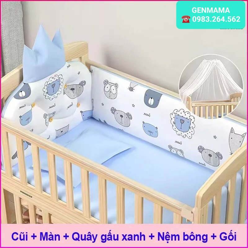 Nôi cũi gỗ cho trẻ em kèm đệm,quây,màn,gối kích thước 105*60*90cm, quây cũi cho bé 6 chi tiết,cũi gỗ cho bé GENMAMA