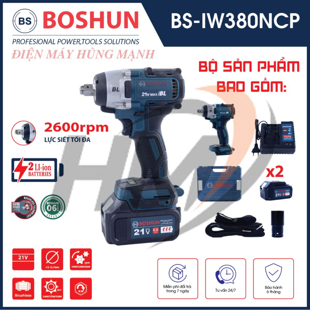 Máy siết bulong boshun 199V BS-IW380NCP  Không chổi than - Máy bắn bulong akuza đầu 2 trong 1 bảo hành chính hãng