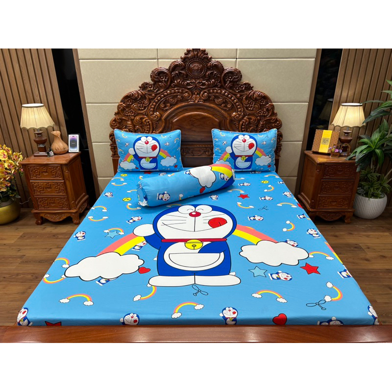 Doremon cầu vòng. Bộ chăn ga gối thun lạnh 5D cao cấp nhận may đủ kích thước