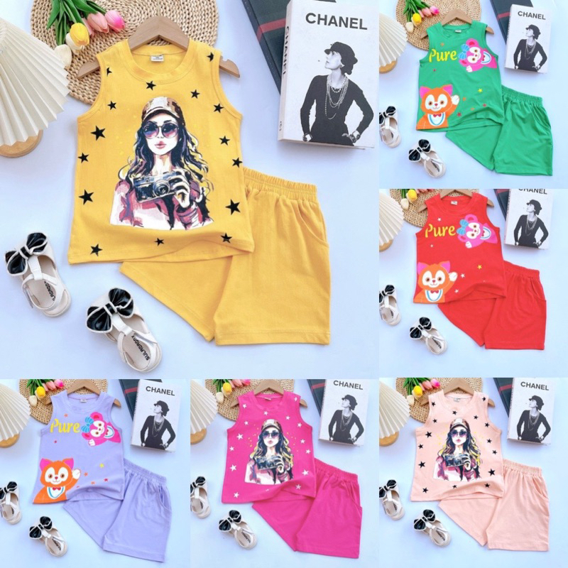20-38kg Bộ thun coton sát nách quần đùi bé gái size đại 157