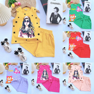 20-38kg Bộ thun coton sát nách quần đùi bé gái size đại 157