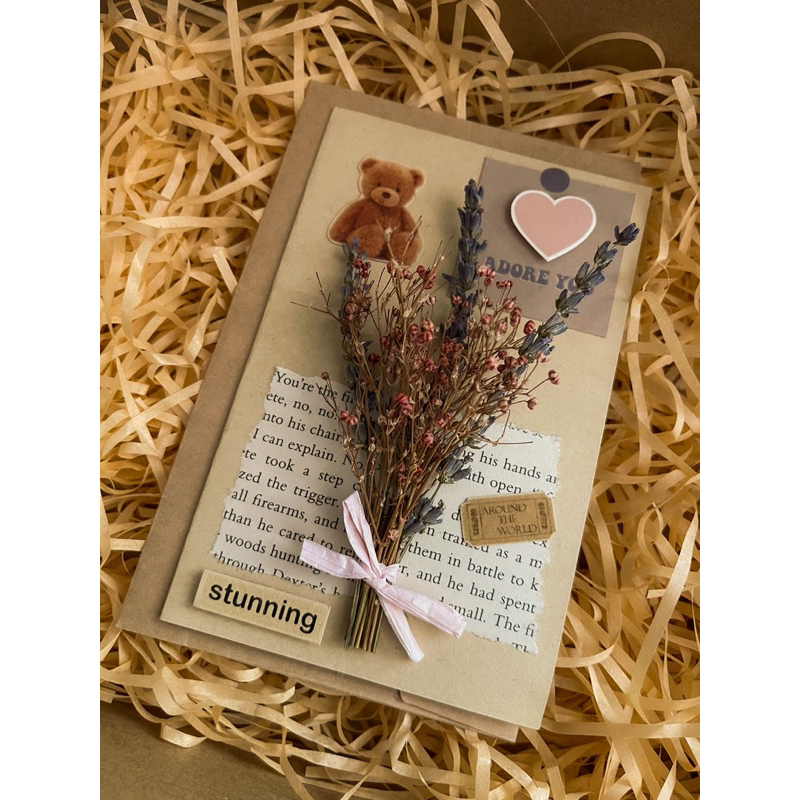 Thiệp quà tặng hoa khô handmade kèm phong bì phong cách vintage chúc mừng, quà tặng