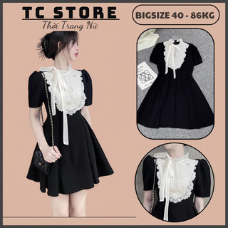 Váy tiểu thư cổ phối ren thắt nơ dáng xoè bigsize