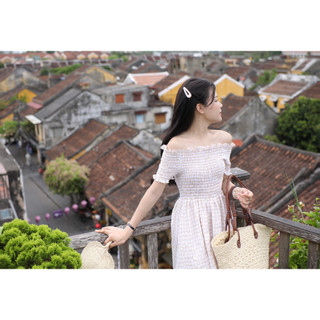 Váy midi trễ vai đi biển kẻ caro chun ngực bo eo freesize