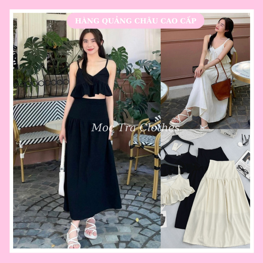 Set Hai Dây Phối Chân Bèo Quảng Châu Thiết Kế 2 Món Gồm Áo 2 Dây Và Chân Váy Midi Xòe Dài Tiểu Thư Siêu Xinh