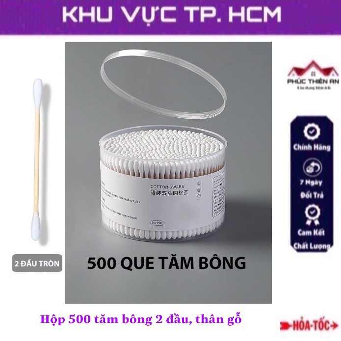 Hộp 500 Tăm Bông Thân Gỗ 2 Đầu - Kháng Khuẩn, Không Sơ Bông
