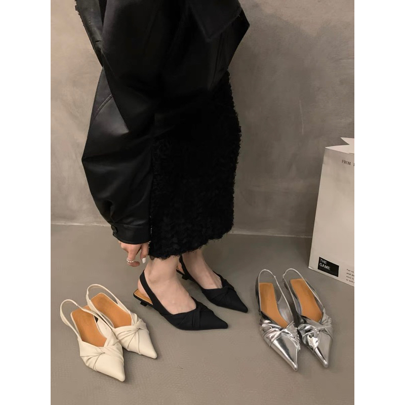 slingback xoắn nơ mũi nhọn da lì gót nhọn 2023