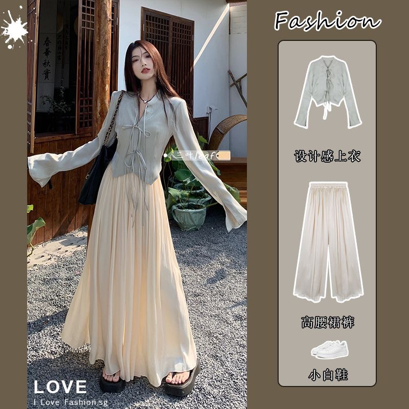 Set bộ áo lụa satin và quần lụa ống rộng phong cách Trung Hoa