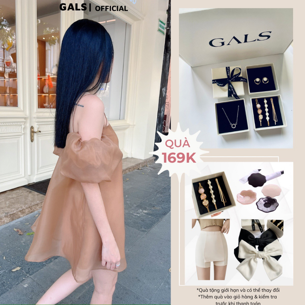 Váy suông hai dây đầm trễ vai tay bồng Crushie GALS organza hai lớp dáng babydoll bồng bềnh - Nâu thiên đất