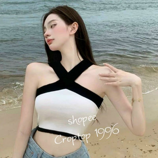 Áo kiểu Croptop yếm chéo cổ phối màu - Áo tiểu thư sang chảnh AS12