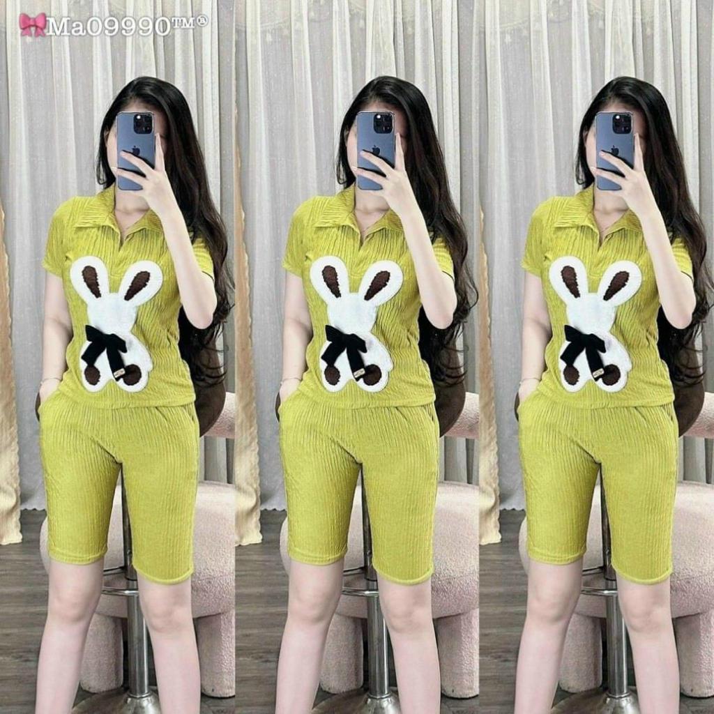 Đồ bộ ngố,sét bộ xốp nhật thêu thỏ,bộ đùi tay ngắn cổ bẻ mặc nhà,sét bộ n ữ 5 màu siêu hot kèm ảnh thật