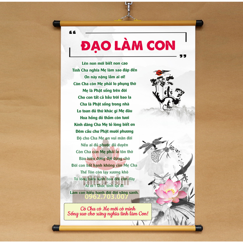 Tranh chữ Đạo Làm Con 40x60cm chất liệu vải phủ bóng cao cấp, dày dặn