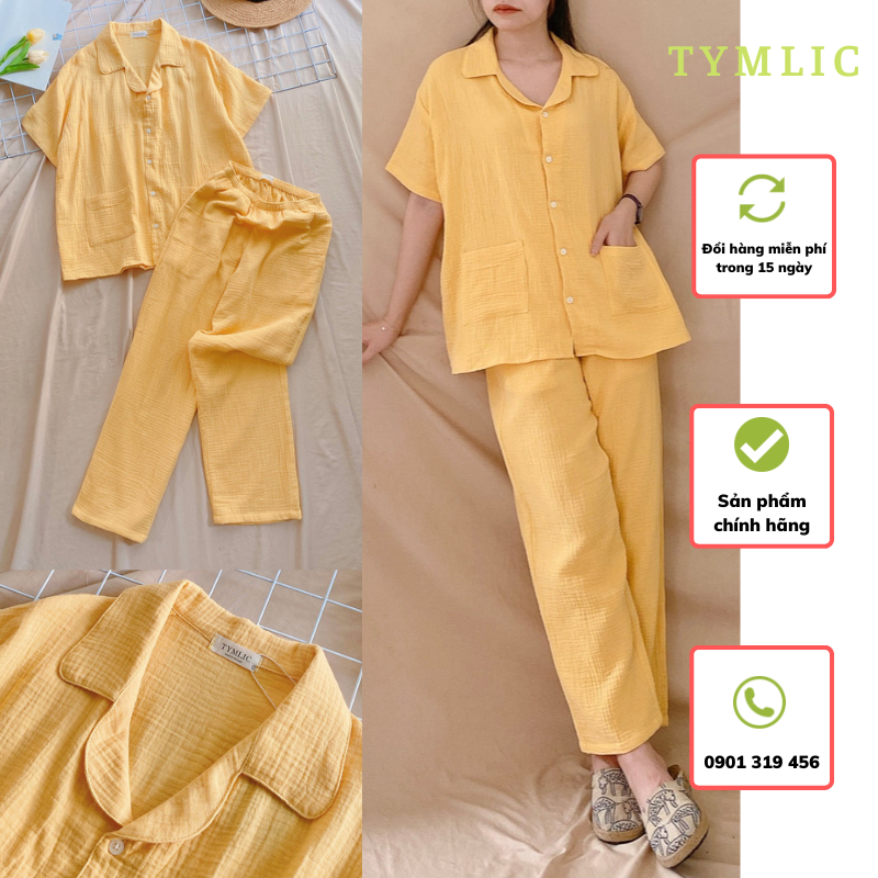 Bộ Pijama Muslin Ngắn Tay Quần Dài Màu Vàng TYMLIC