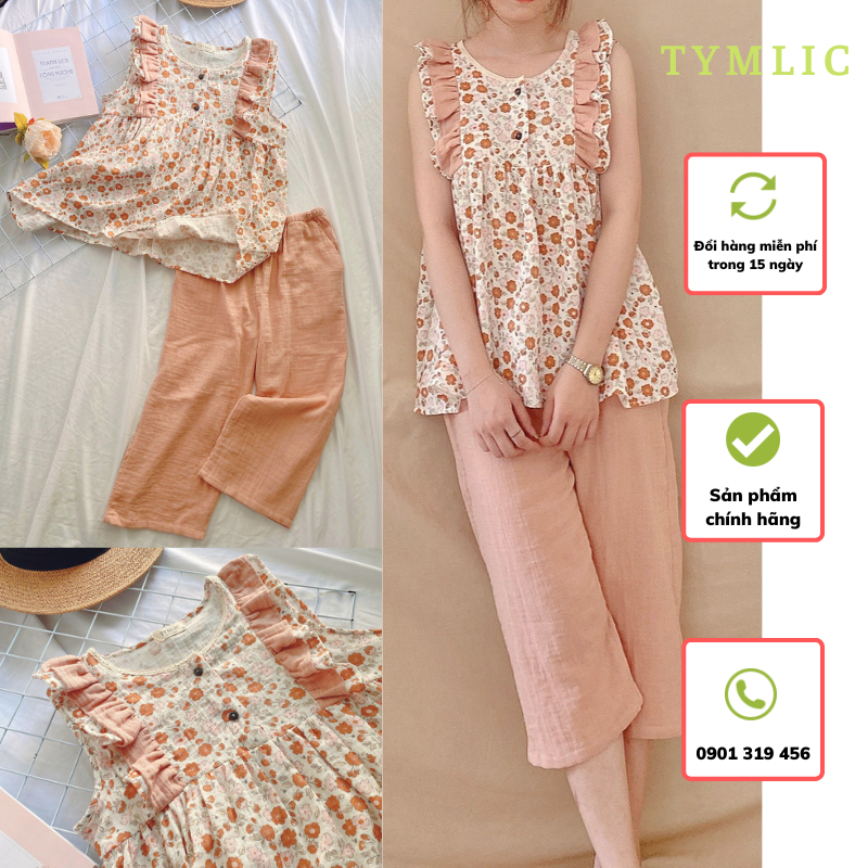(BỘ 215K) Bộ Muslin Áo Babydoll Hoa Sát Nách Kết Hợp Quần Lửng Cam TYMLIC