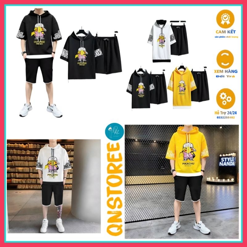 Đồ Bộ Nam, Set Thể Thao In Chữ Pikachu, Đồ Bộ Có nón Hot mùa hè mùa đông - Áo Hoodie Kèm Quần short Đùi Thun Xốp Mè