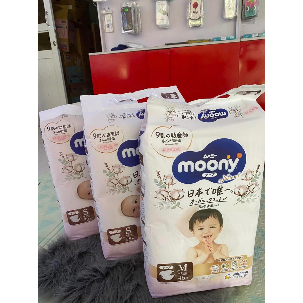 Bỉm Moony Natural Dán Và Quần Gồm Các Size NB63, S58, M46, L36,Xl32 Chính Hãng Cho Bé