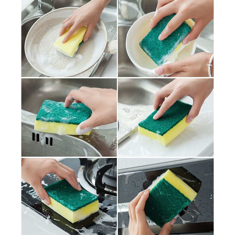 [BỘ 10] Miếng Cọ Rửa Chén Bát, Vòi Rửa, Gương Kính - 2 Mặt Vàng Xanh Đánh Sạch Vết Bẩn - Mút Xốp Đa Năng - MILOZA