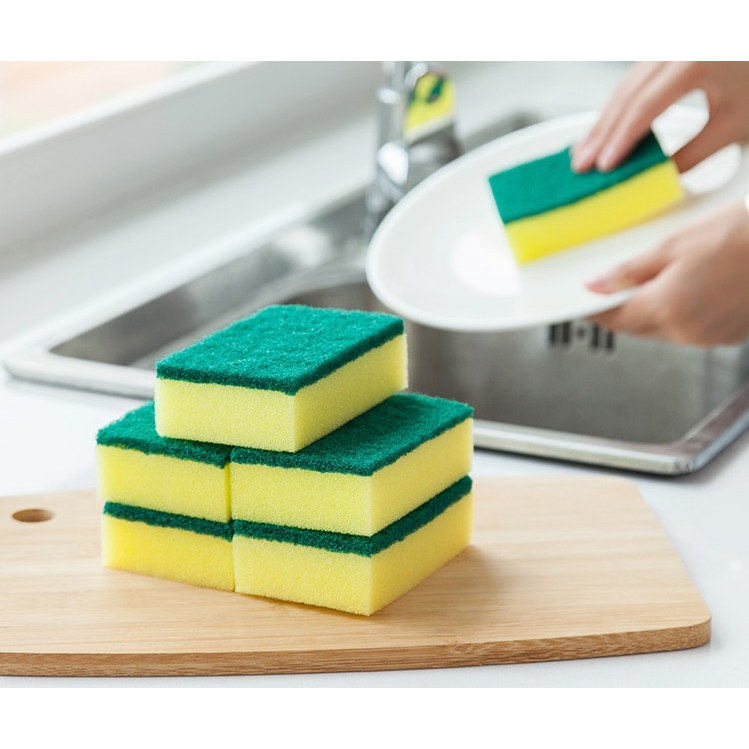 [BỘ 10] Miếng Cọ Rửa Chén Bát, Vòi Rửa, Gương Kính - 2 Mặt Vàng Xanh Đánh Sạch Vết Bẩn - Mút Xốp Đa Năng - MILOZA