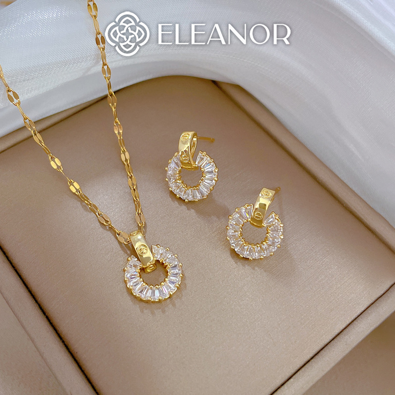 Dây chuyền bông tai nữ Eleanor Accessories bộ trang sức mặt tròn đính đá sang trọng phụ kiện trang sức 5437
