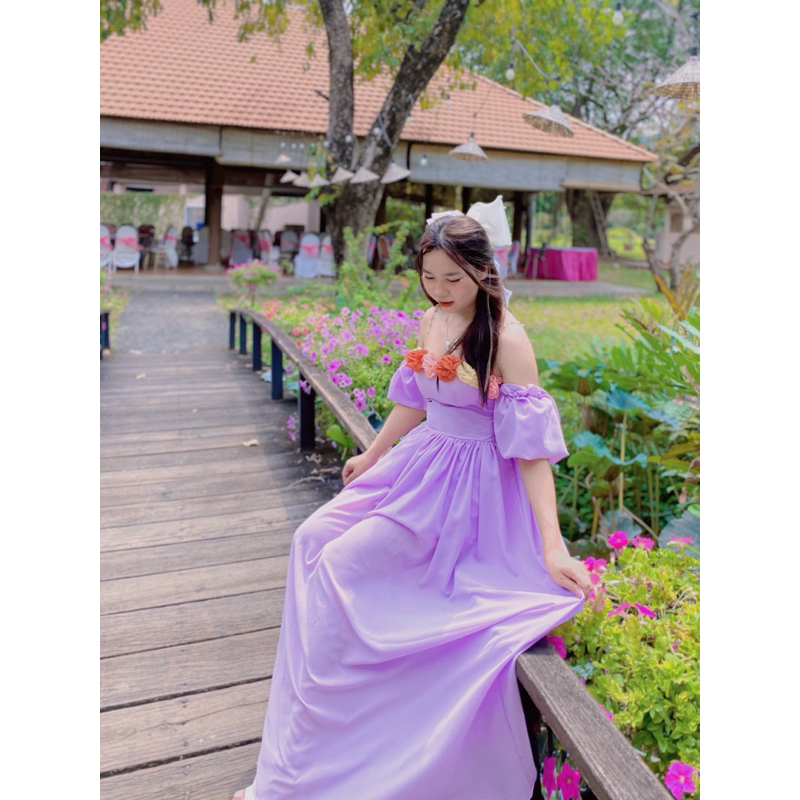 Pass Váy maxi hoa màu tím mặc được 1 lần