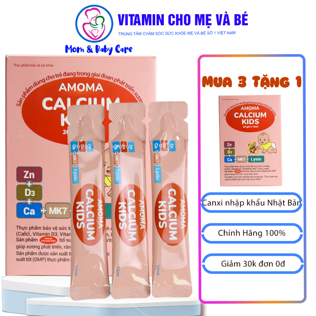 Combo 3 hộp Canxi Amoma Calcium Kids 20 gói/10ml, Bổ sung Canxi, Calci, Vitamin D3, Vitamin K2 MK7, Kẽm, Lysin cho trẻ