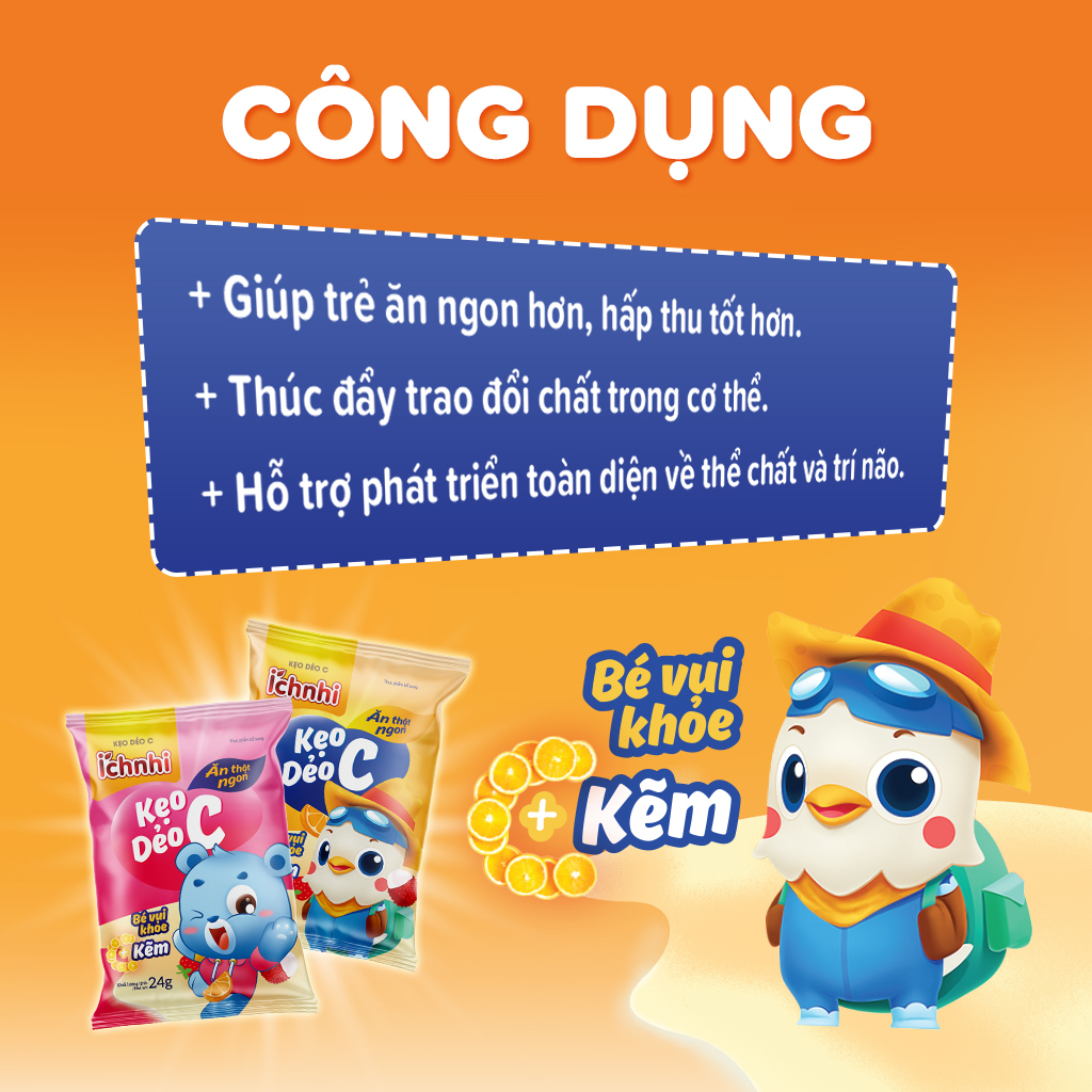 Kẹo dẻo C Ích Nhi (dây 10 gói) bổ sung Kẽm giúp bé ăn ngon, tăng cường đề kháng và phát triển thể chất, trí não