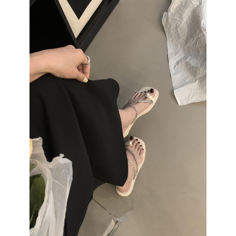 (Ảnh video shop tự quay) giày Sandal ngón chân vuông Dây đeo kim cương Gót dày