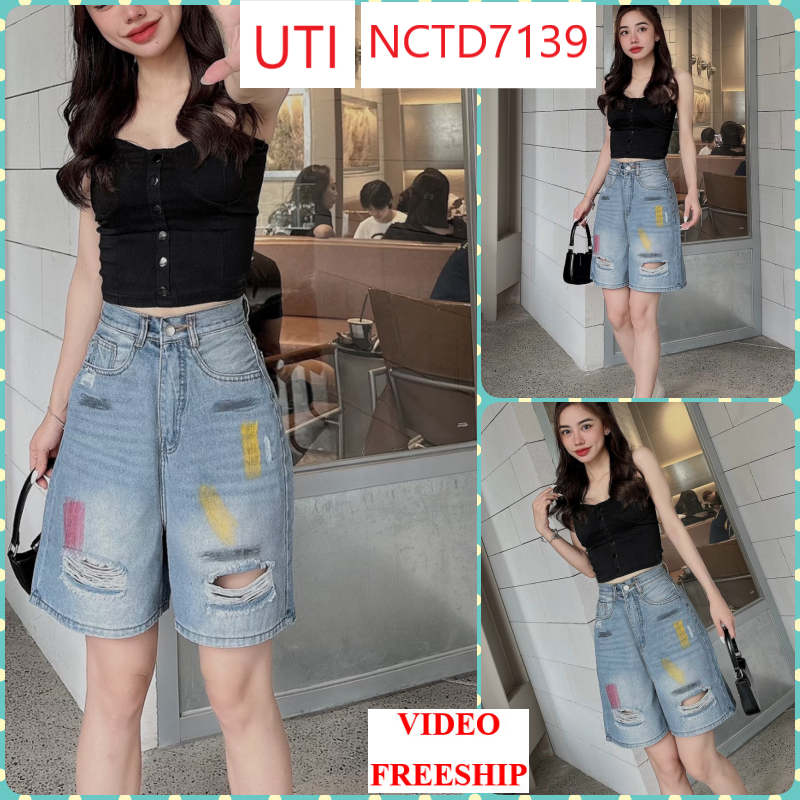 QUẦN JEANS NGỐ LỬNG NỮ LƯNG CAO VỆT SƠN ĐỎ VÀNG RÁCH 2 MẢNG VUÔNG LAI CUỐN MÀU XANH NHẠT MÁT MẺ THỜI THƯỢNG