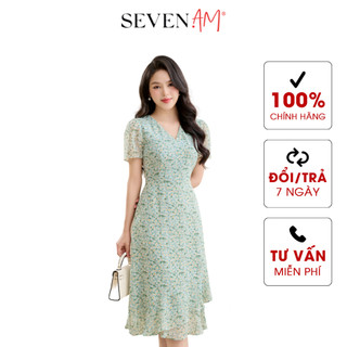 Đầm hoa nhí xanh cổ V dáng suông thời trang nữ Seven.AM OD0020I