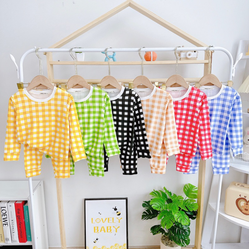 Bộ tay dài sọc caro thun lạnh Minky mom size 90-150